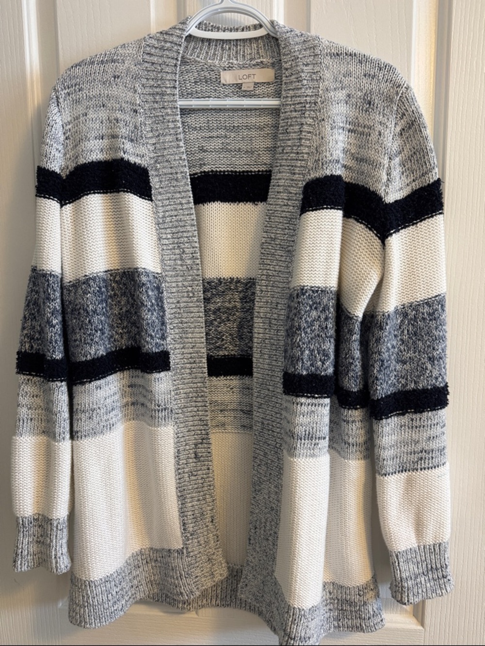 LOFT navy, cream, heathered, stripe cardigan, open front.